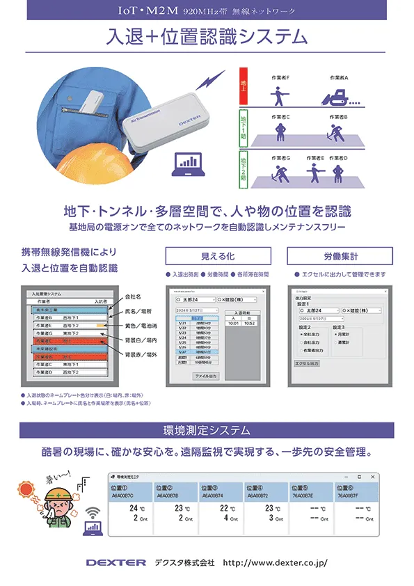 IoT化を容易に実現する、AIで通信網を判断するメンテナンスフリーの無線ネットワークにより入退+位置認識システム・重機車両位置認識システム・環境監視システム・見守り+置き去り防止システムを提供いたします。