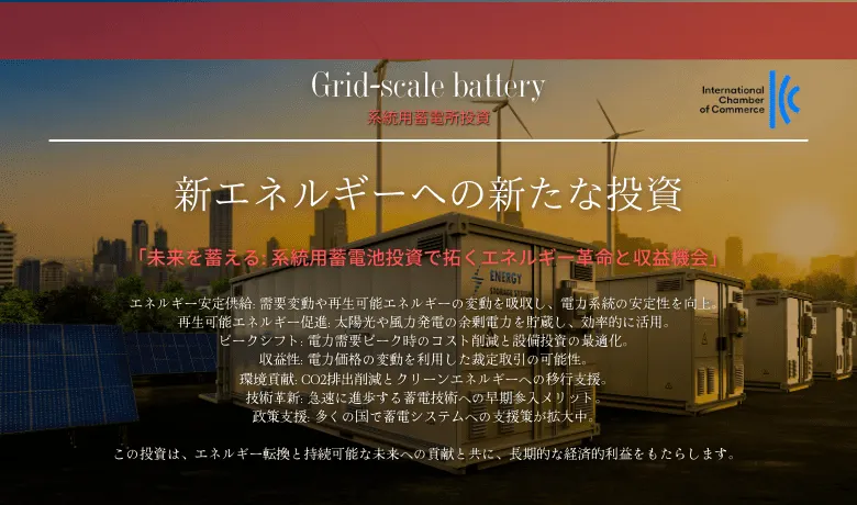 事業展開

系統用蓄電所: 電力網の安定化と再エネ導入促進
自家消費型システム: 企業や家庭の電力自給率向上
VPPソリューション: 分散型エネルギーリソースの統合管理
国際インフラ支援: 新興国のエネルギーインフラ整備

ビジョン：安心と豊かさが共存する社会へ
蓄電池技術の革新により、エネルギーの地産地消を実現。災害に強く、環境にやさしい社会インフラの構築を目指します。