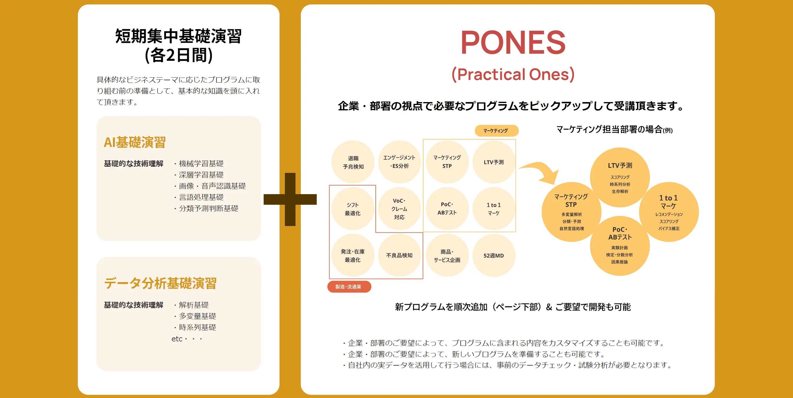  自社ソリューション：AI・データ分析研修プログラム「PONES(Practical Ones)」は知識習得目的ではなく、実ビジネス活用を目的とした、ビジネス現場で生き抜くための実践的な知恵を学び、体験するプログラムを提供いたします。