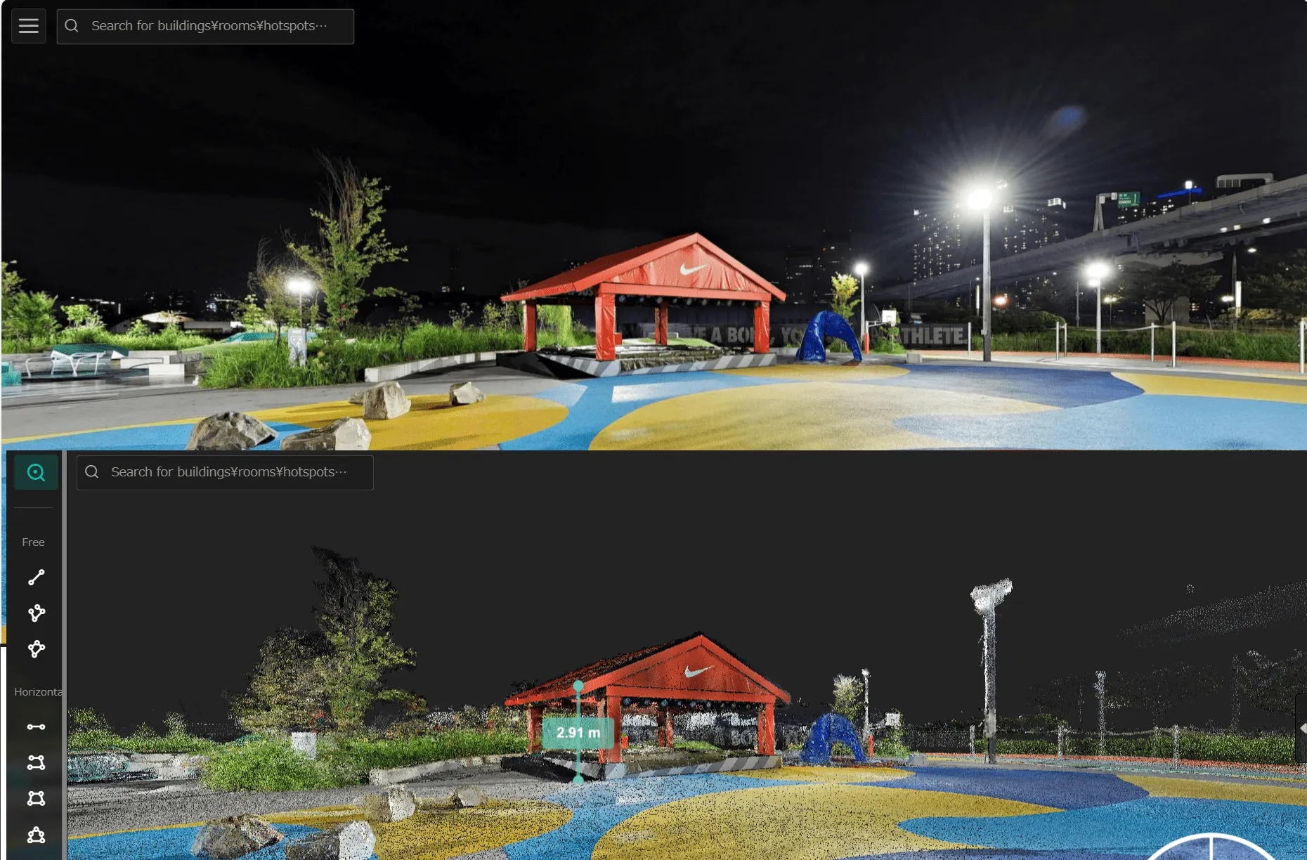 『4DKanKan』の撮影データです。
ブラウザ上で16Kのパノラマ写真をウォークスルーで
確認できる他、点群表示に切り替えれば距離計測や
面積測定ができます。