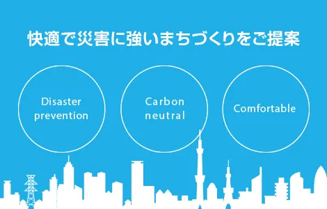 「カーボンニュートラル」や「防災」を軸として、環境にやさしく安全なまちづくりに貢献する共創を目指しています。