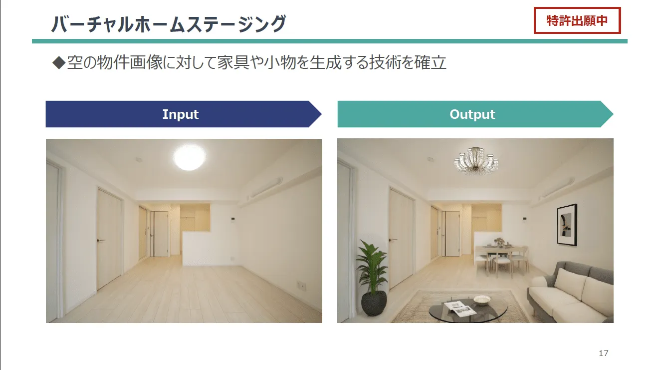 バーチャルステージングAI
生成AIを活用したバーチャルホームステージングは、コストと時間を削減し、ユーザーにパーソナライズされたインテリアデザインを提供。従来の実物やデザイナーによるステージングとは異なり、多様なデザインを瞬時に試せ、リアルな質感や照明効果を再現。遠隔地からでも物件の魅力を体感でき、購入希望者や賃貸希望者の関心を引きやすくします。これにより、物件の販売・賃貸が迅速化し、ユーザーの意思決定をサポートします。
