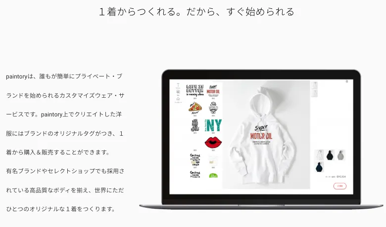 「1着から在庫を抱えるリスクなく無料で始められるカスタマイズアパレルサービス」