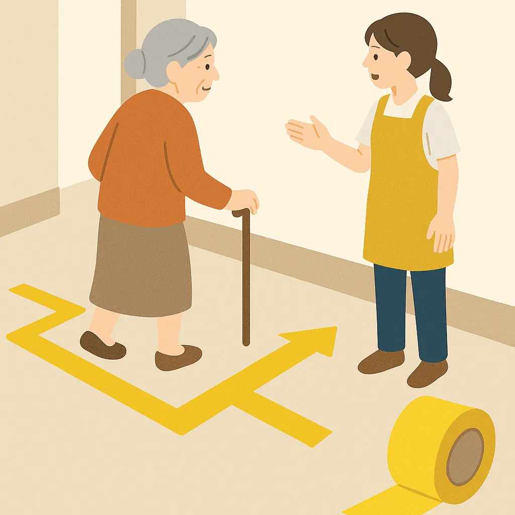 床に貼るだけで介護施設などで迷わないようになります
