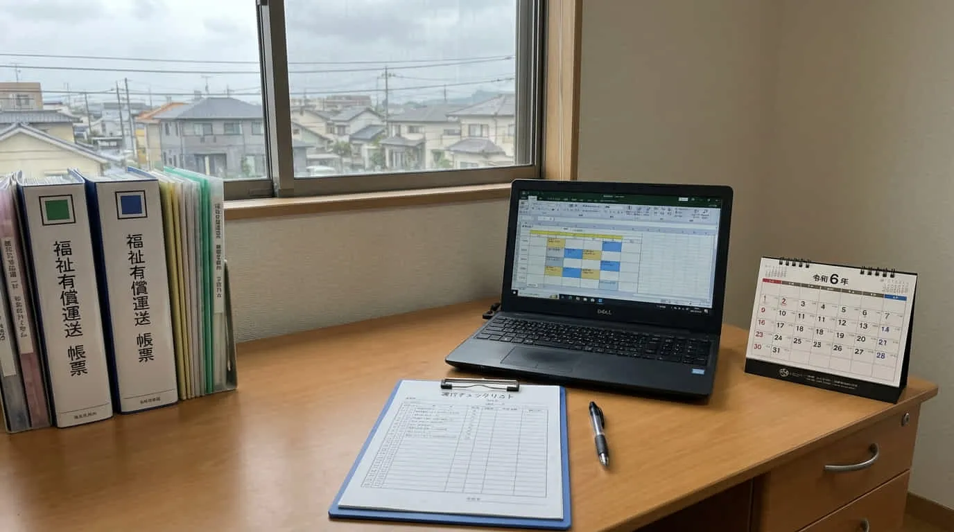 福祉有償運送の事務作業を想定したデスク環境です。紙の台帳やExcelで行っている運行管理・実績整理を、システム化して負担を減らすイメージを表しています。