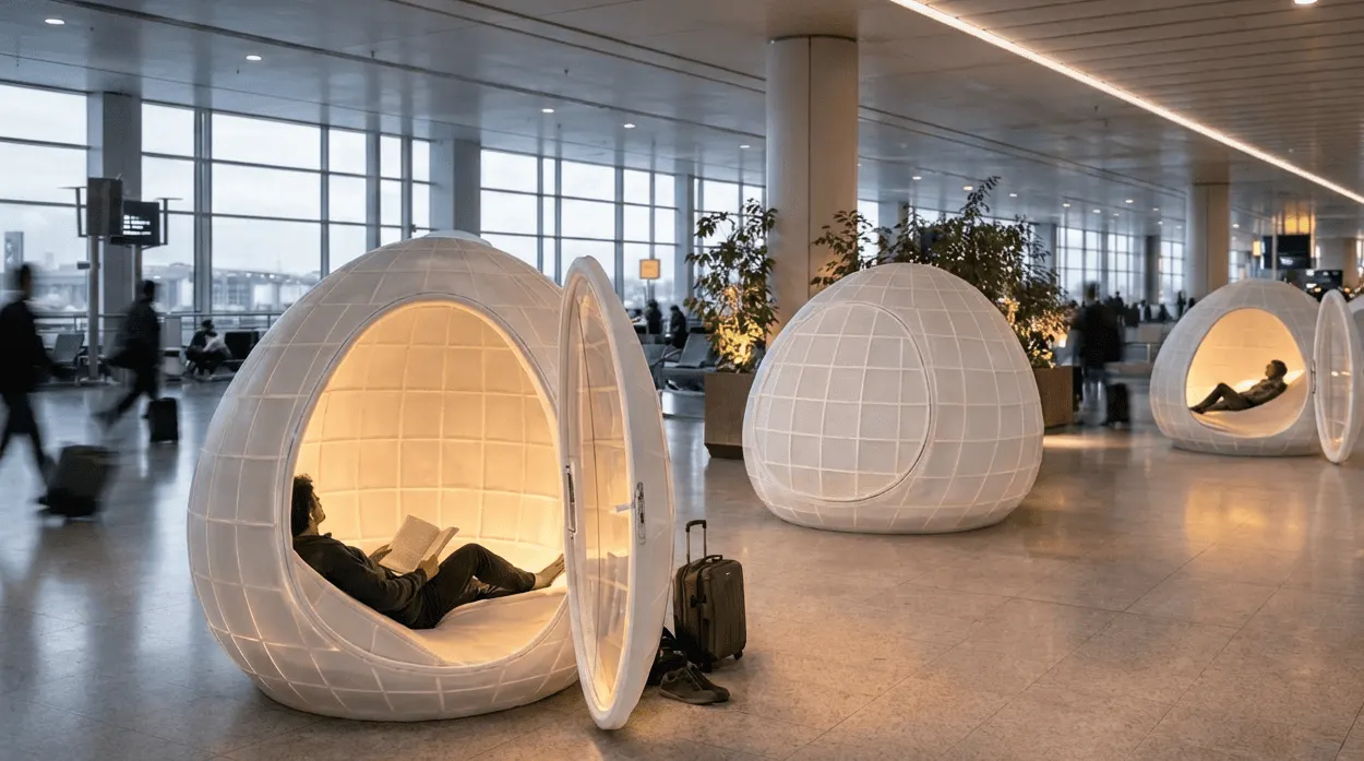 空港・交通拠点への展開コンセプトイメージ。移動の合間に、誰もが気軽に「回復」できる休息インフラの実現を目指しています。