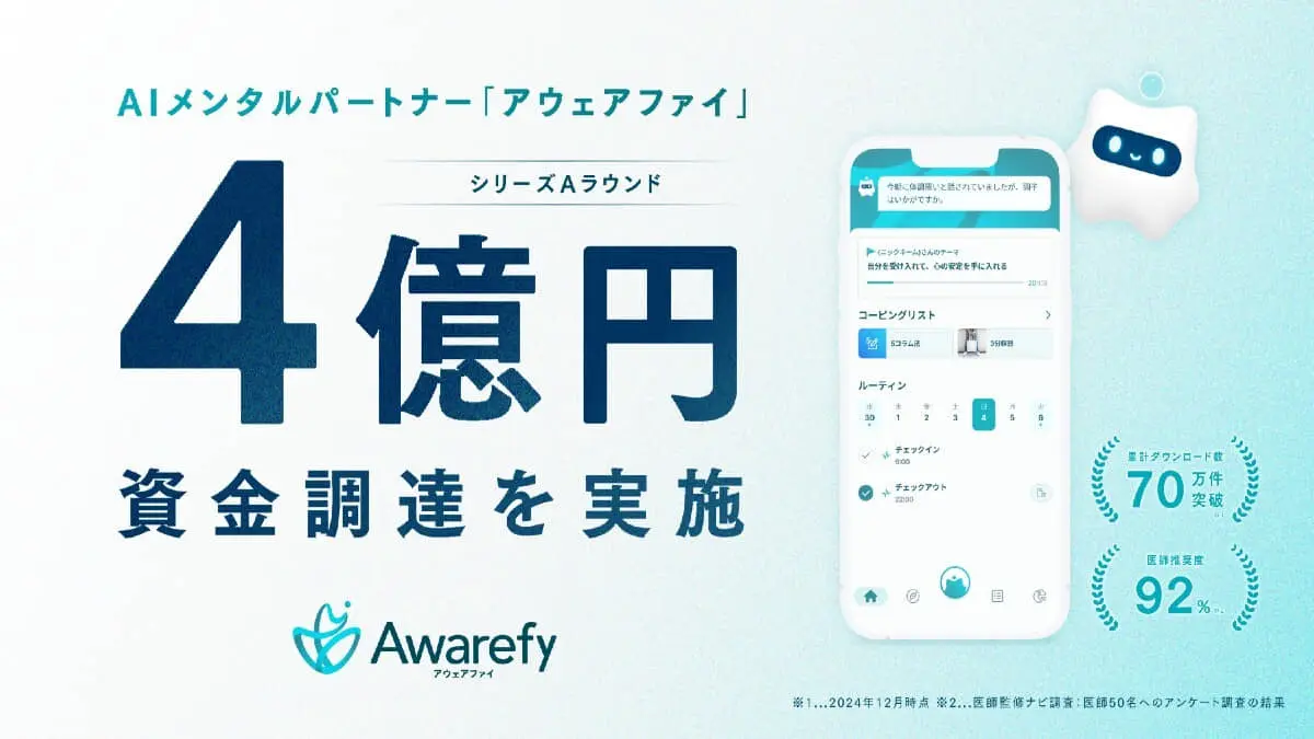AIメンタルパートナー「アウェアファイ」を提供するAwarefy、シリーズAラウンドで4億円の資金調達を達成