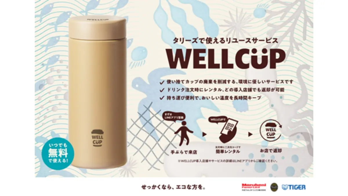 タリーズ、大手町エリア6店舗で「WELLCUP」実証実験を開始  真空断熱ボトルのリユースで“手ぶらエコ”を提案