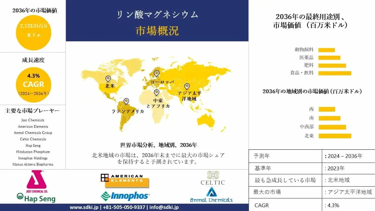 世界のリン酸マグネシウム産業調査、規模、成長、トレンドレポート、シェア、トップメーカー、洞察分析、2024-2036年予測