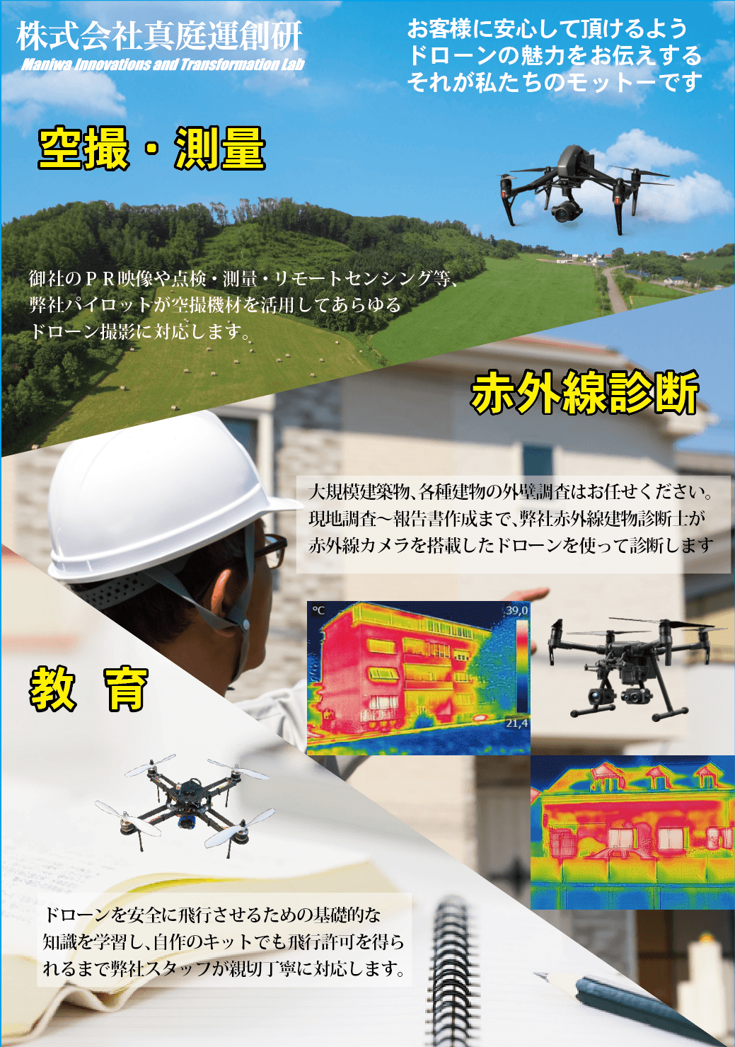 空撮・測量・赤外線診断・教育に取り組んでいます。