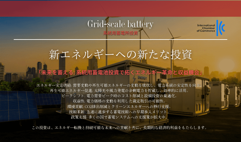 事業展開

系統用蓄電所: 電力網の安定化と再エネ導入促進
自家消費型システム: 企業や家庭の電力自給率向上
VPPソリューション: 分散型エネルギーリソースの統合管理
国際インフラ支援: 新興国のエネルギーインフラ整備

ビジョン：安心と豊かさが共存する社会へ
蓄電池技術の革新により、エネルギーの地産地消を実現。災害に強く、環境にやさしい社会インフラの構築を目指します。