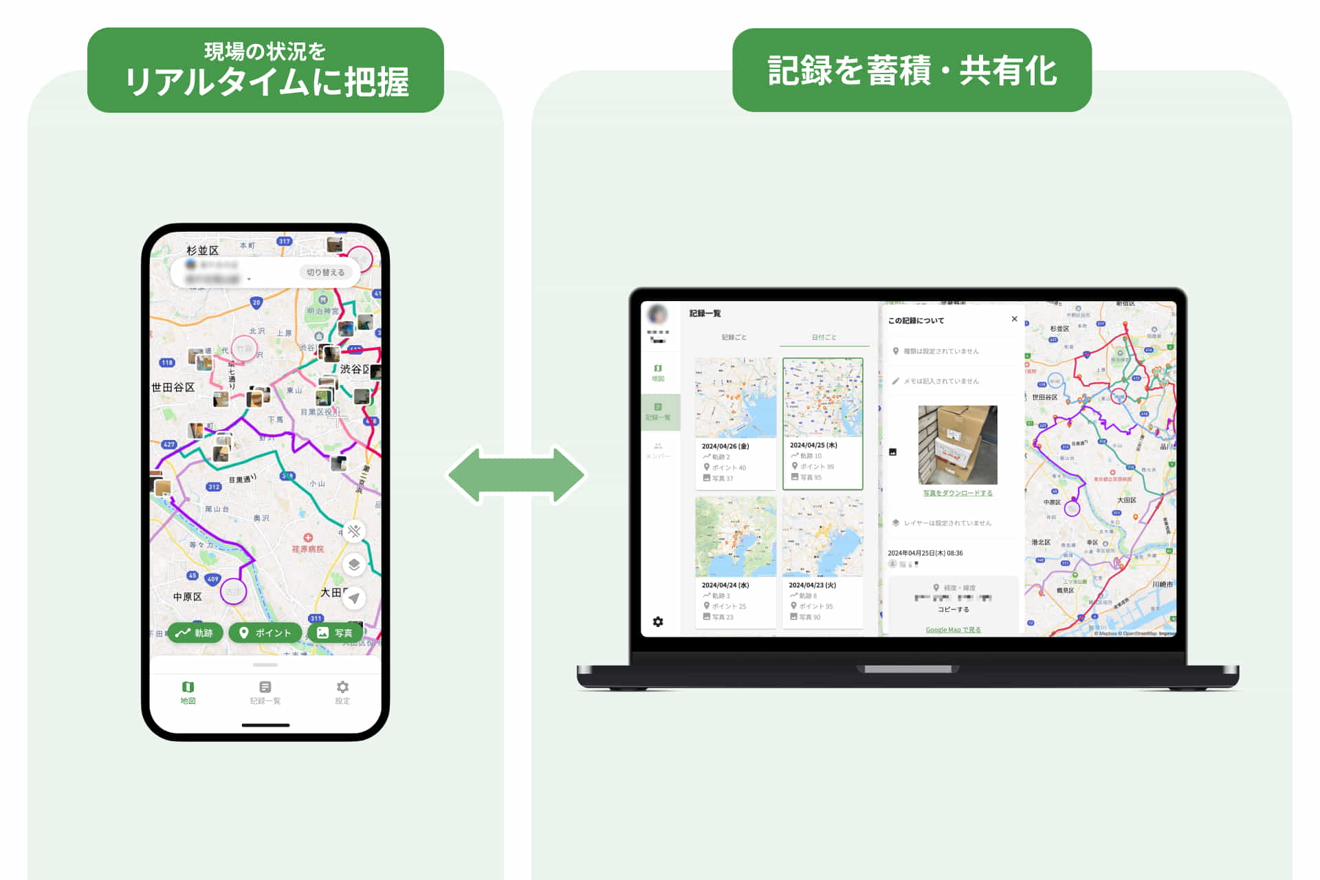 その地図上で、現場の状況をリアルタイムに把握、記録を蓄積・共有化